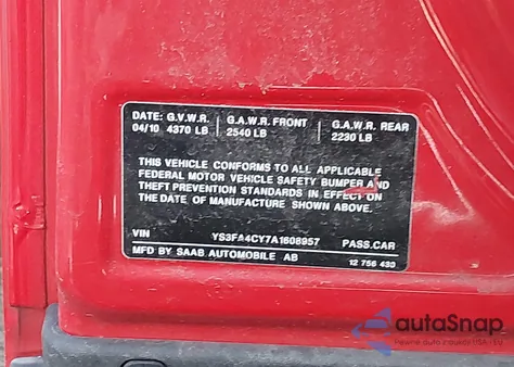 2010 Saab 9-3 z USA, uszkodzony, nr VIN YS3FA4CY7A1608957